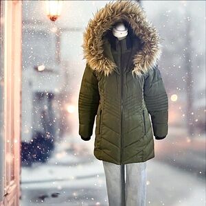 DIESEL OLIVE GREEN PUFFER COAT FAUX FUR HOOD SIZE 12